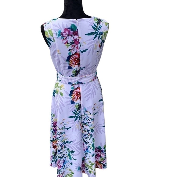 DKNY Ladies White Floral Sleeveless Midi A-line Round Neck Dress With Belt Sz 6 - Picture 2 of 15